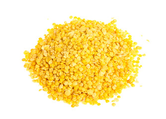 Yellow lentils isolated on white background. Macro shot