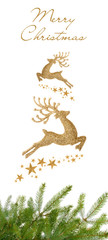Christmas twig, gold reindeer and stars - obrazy, fototapety, plakaty