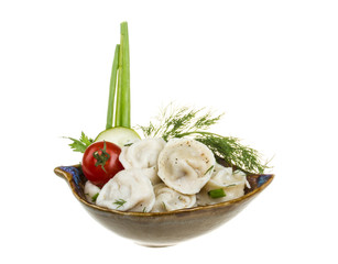 Bowl with traditional russian dish - pelmeni