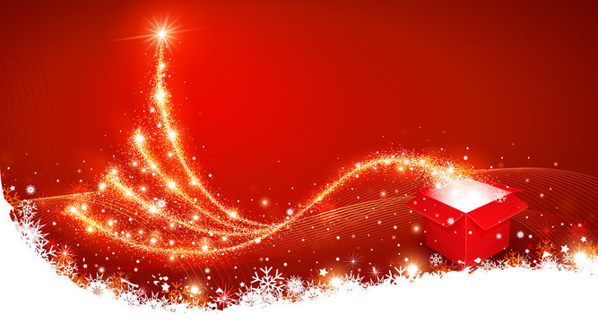 Christmas background with magic box and Christmas Tree