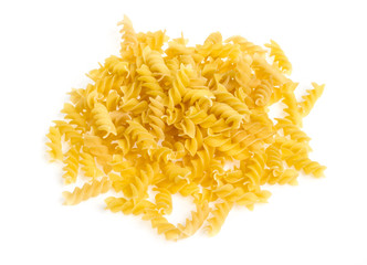 A portion of Rotini corkscrew pasta isolated on white.