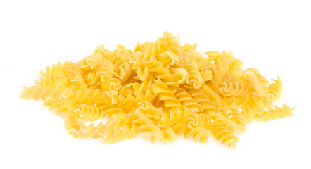 A portion of Rotini corkscrew pasta isolated on white.