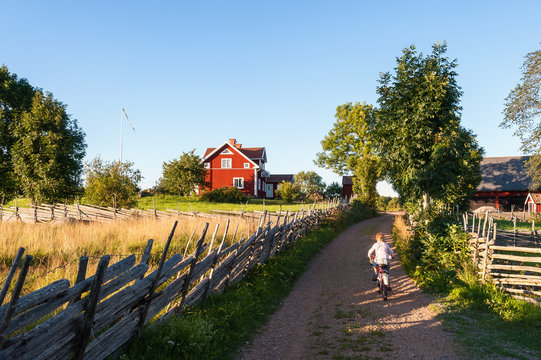 Kleiner Junge radelt auf Feldweg in Schweden