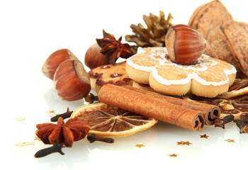 composition of christmas spices, isolated on white