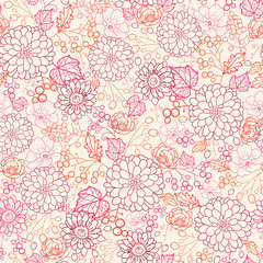 Obraz premium Vector flowers and berries line art seamless pattern with hand