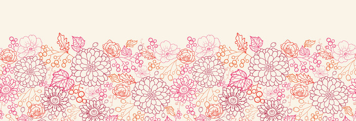 Vector flowers and berries line art horizontal seamless pattern