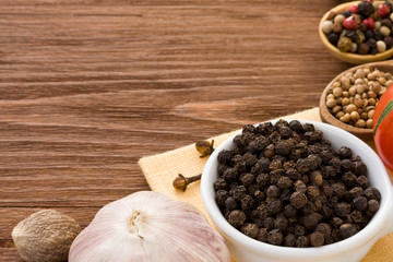 food ingredient and spices on wood