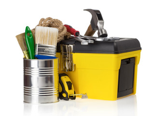 set of tools in toolbox at white