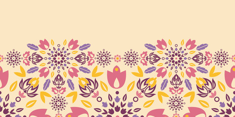 Vector ornamental colorful tulips horizontal seamless pattern