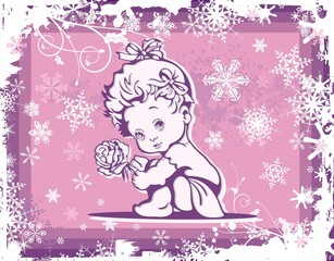 Cute Baby Vector Illustration over Winter Pattern
