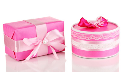 Colorful pink gifts isolated on white