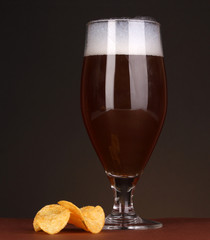 Glass of beer with chips on brown background