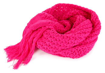 Warm knitted scarf pink isolated on white
