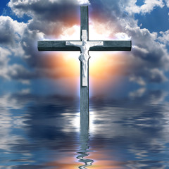 Cross Hangs in Sky over Water