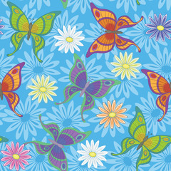 Fototapeta na wymiar Seamless background, flowers and butterflies