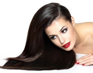 Beautiful woman with long brown straight hairs