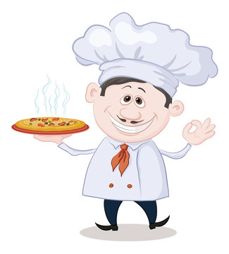 Cook holds a hot pizza