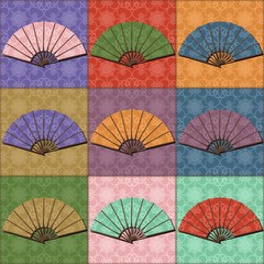 patchwork background with fans