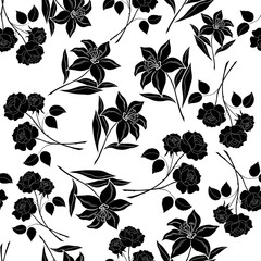 Seamless floral background, black silhouettes