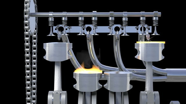 4 Cylinder Engine working with explosions. Loop. HD