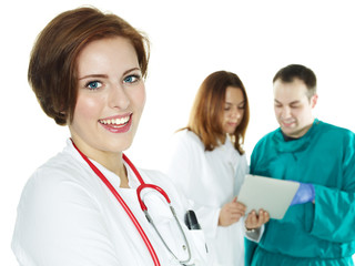 Team of doctors, surgical team with touchpad
