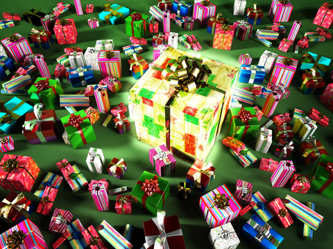Group of many gifts, with a big central luminous gift