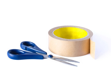scissors and a roll tape on the white background