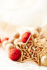 Close up of golden and red christmas decoration