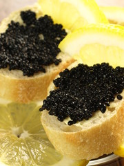 Caviar on baguette, close up