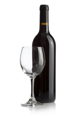 Elegant wine bottle and wine glass isolated on a white