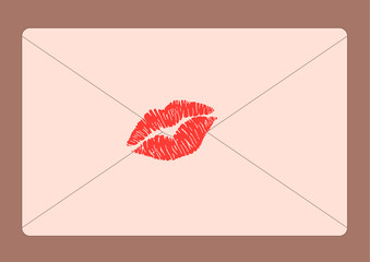 vector illustration of pink envelope, kiss sealed