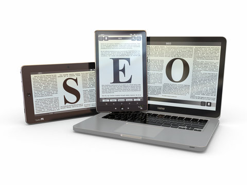 Text SEO on screen of laptop, tablet  pc