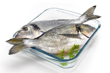 two gold in glass baking dish
