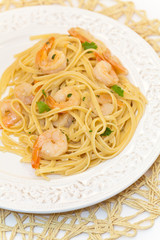 A dish of shrimp scampi pasta