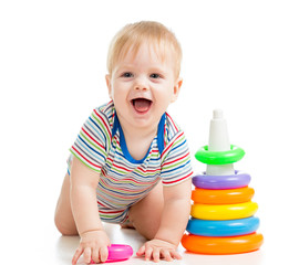 happy baby boy playing with colorful toy isolated on white © Oksana Kuzmina