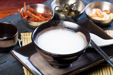 congee with dried beef, peanuts, preserve turnips and sea weeds