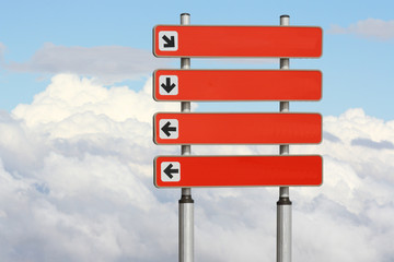 red signpost with direction arrows