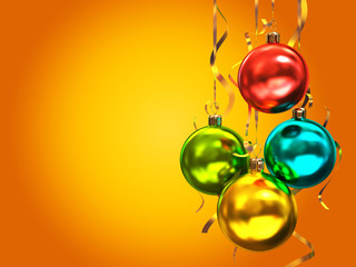 Multicolored christmas balls isolated on orange background illus
