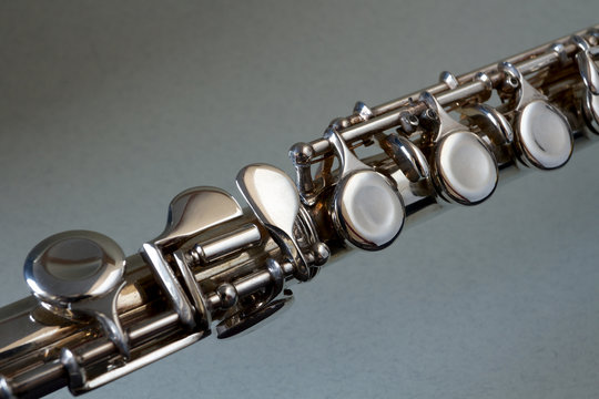 close-up of a silver flute