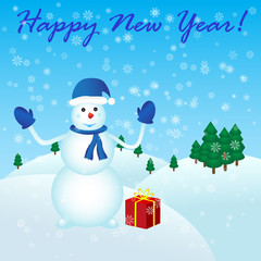 Happy New Year with snowman and gift