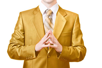 Powerful businessman folds hands together
