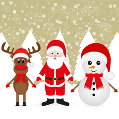 Santa Claus, Christmas reindeer and a snowman in a snowy forest