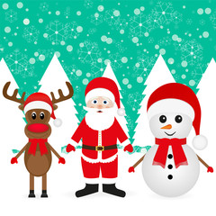 Santa Claus, Christmas reindeer and snowman in winter forest