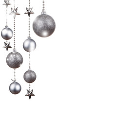 Bright silver Christmas tree balls with curly ribbons isolated.