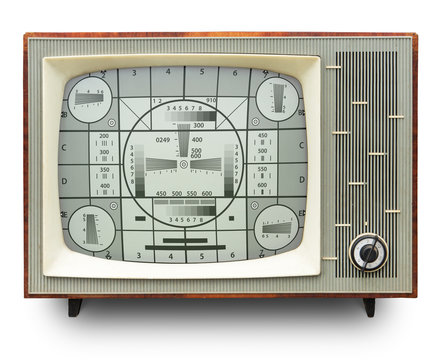 TV test card on old b/w tv set. Clipping path included