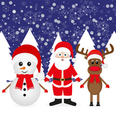 Christmas reindeer, snowman and Santa Claus in a winter forest