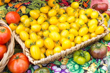Basket of tomatoes on display