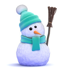 Snowman wearing a wooly green hat holding a broom