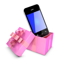 Pink gift box with smartphone