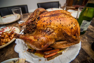 stuffed thanksgiving turkey on table